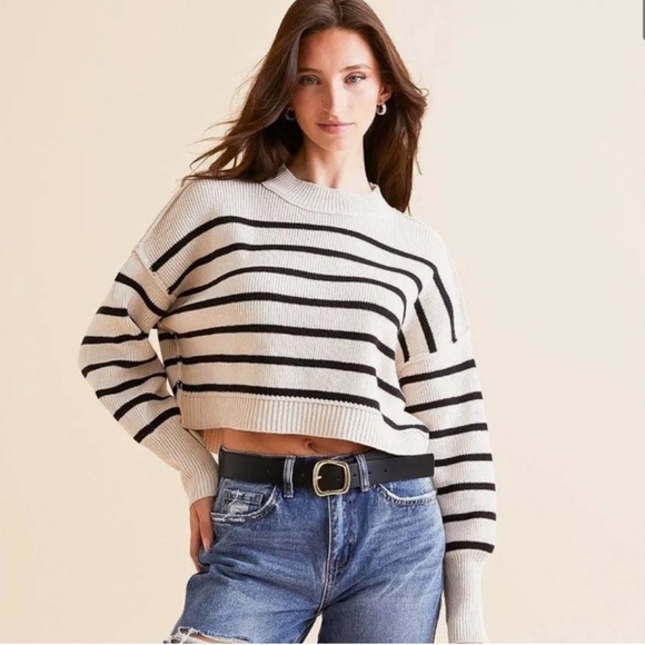 Free People Sweaters - Free People Easy Street Crop Sweater | Size S | Cream & Black Stripes